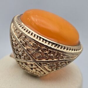 Gold-Tone Ring w/ Orange Burmese Jadeite Oval Stone Size 5.5